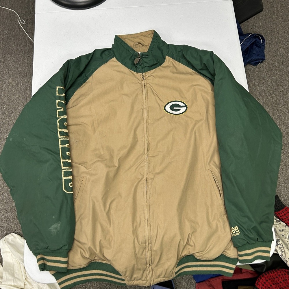 Lee Sport Jacket Mens XL Tan Green Packers Embroidered Full Zip Quilted Lining